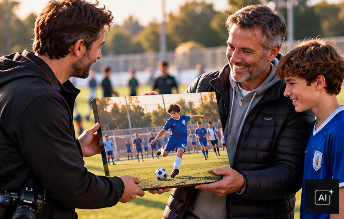 Un fotografo consegna a una famiglia la stampa della partita